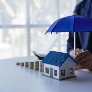 blue roof toy home wiith a blue umbrella sitting on a desk