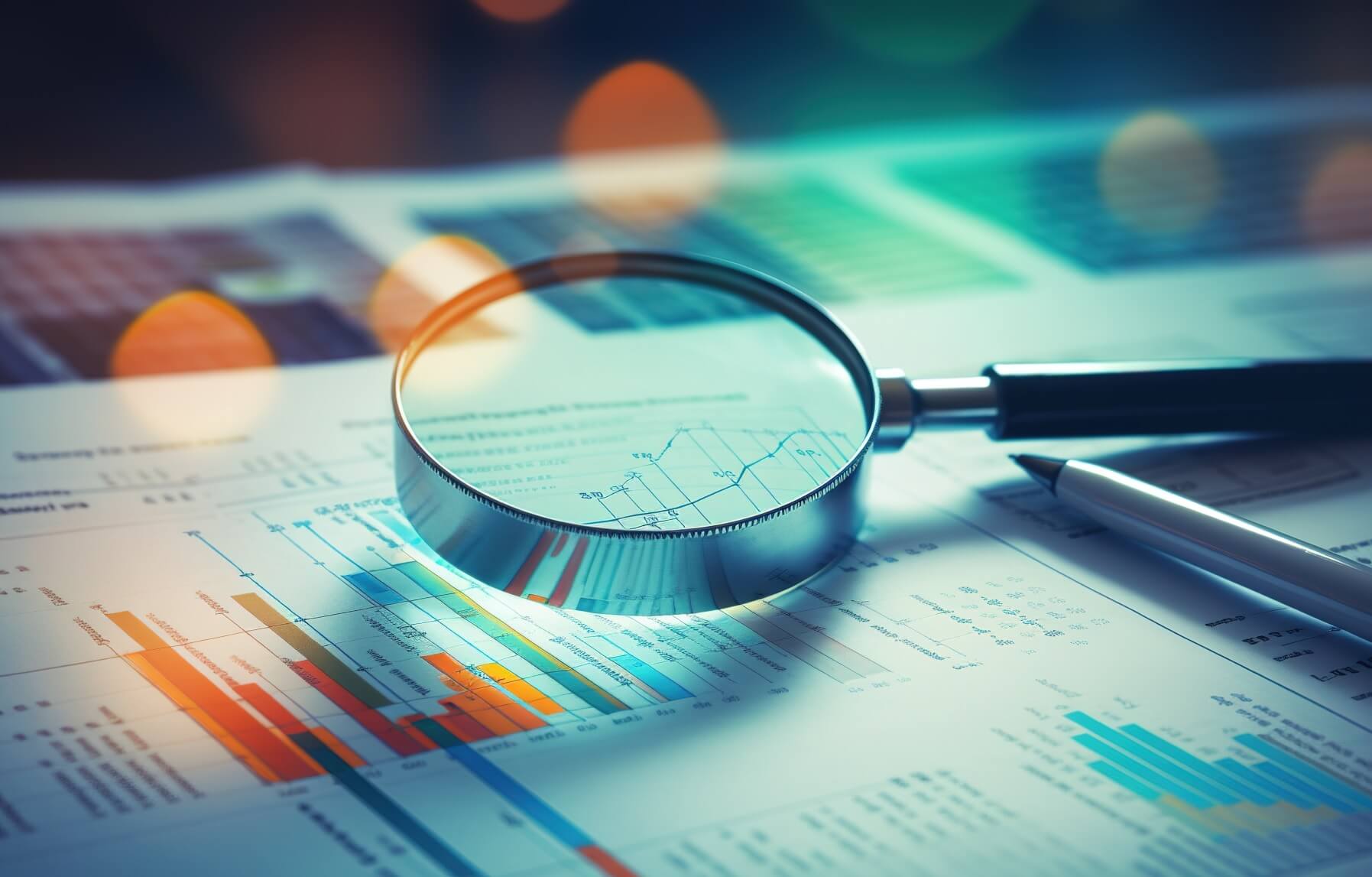 magnifying glass and documents with analytics data lying on table