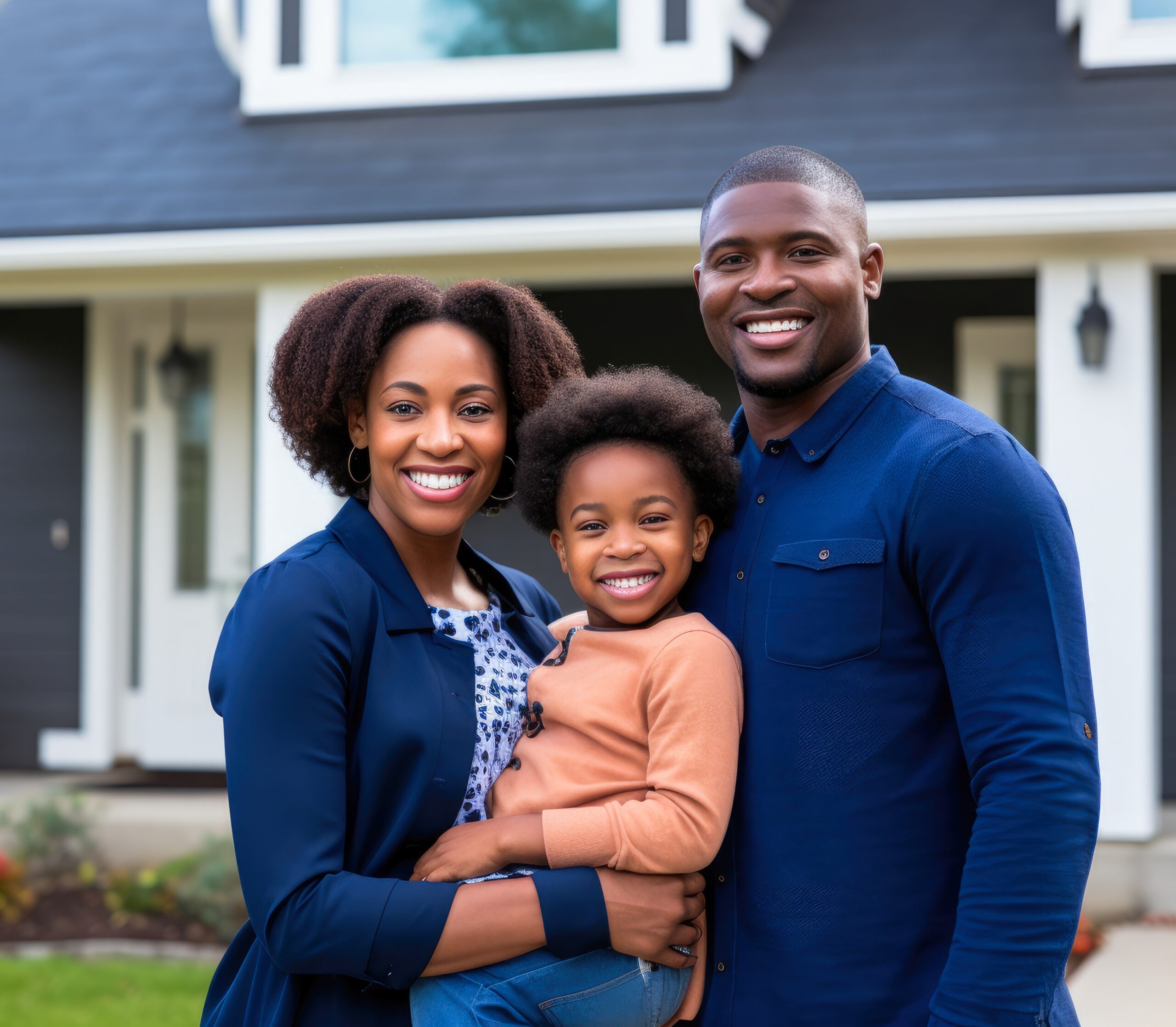 black family smiling in front of home