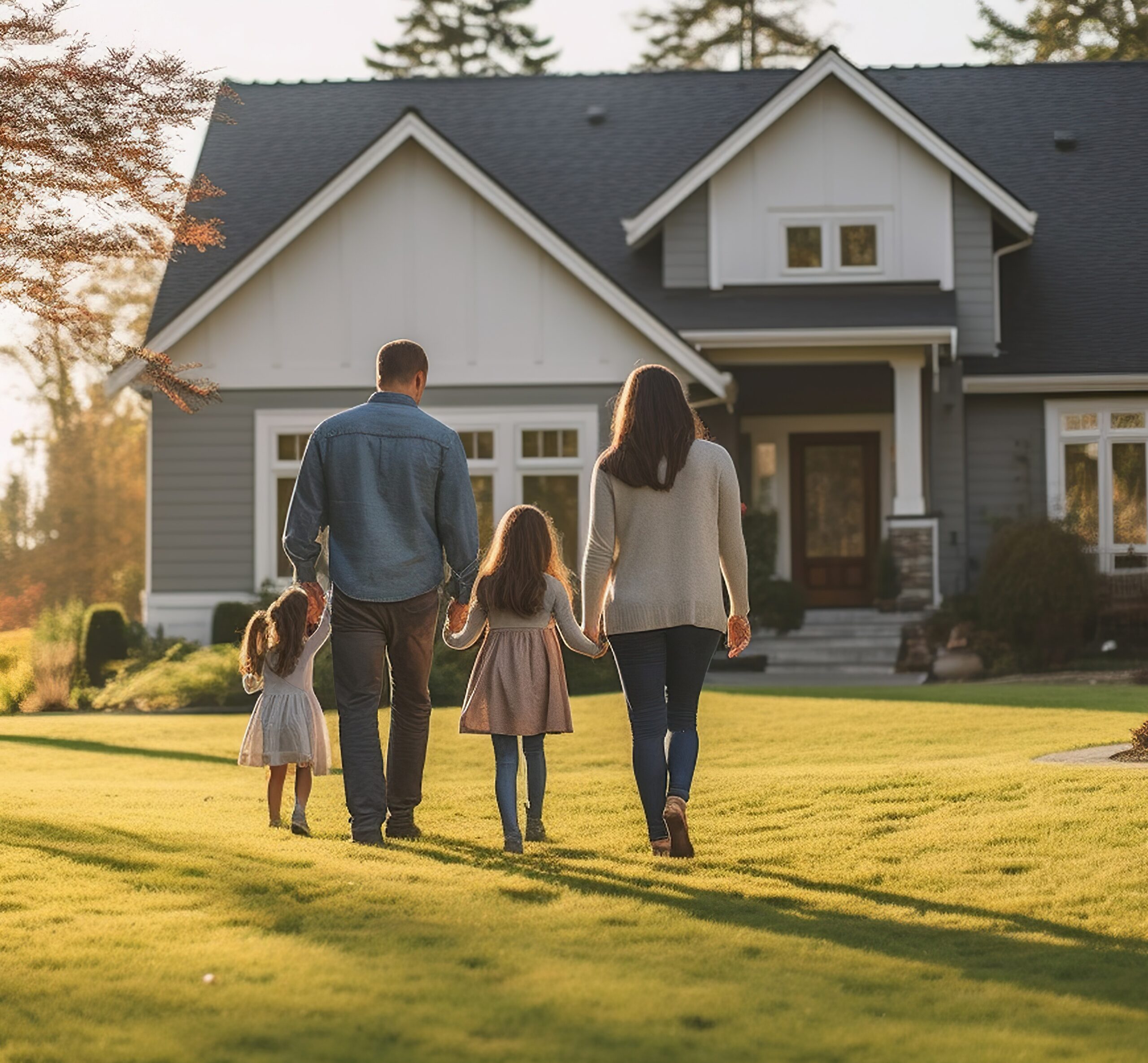 family of four walking to their home