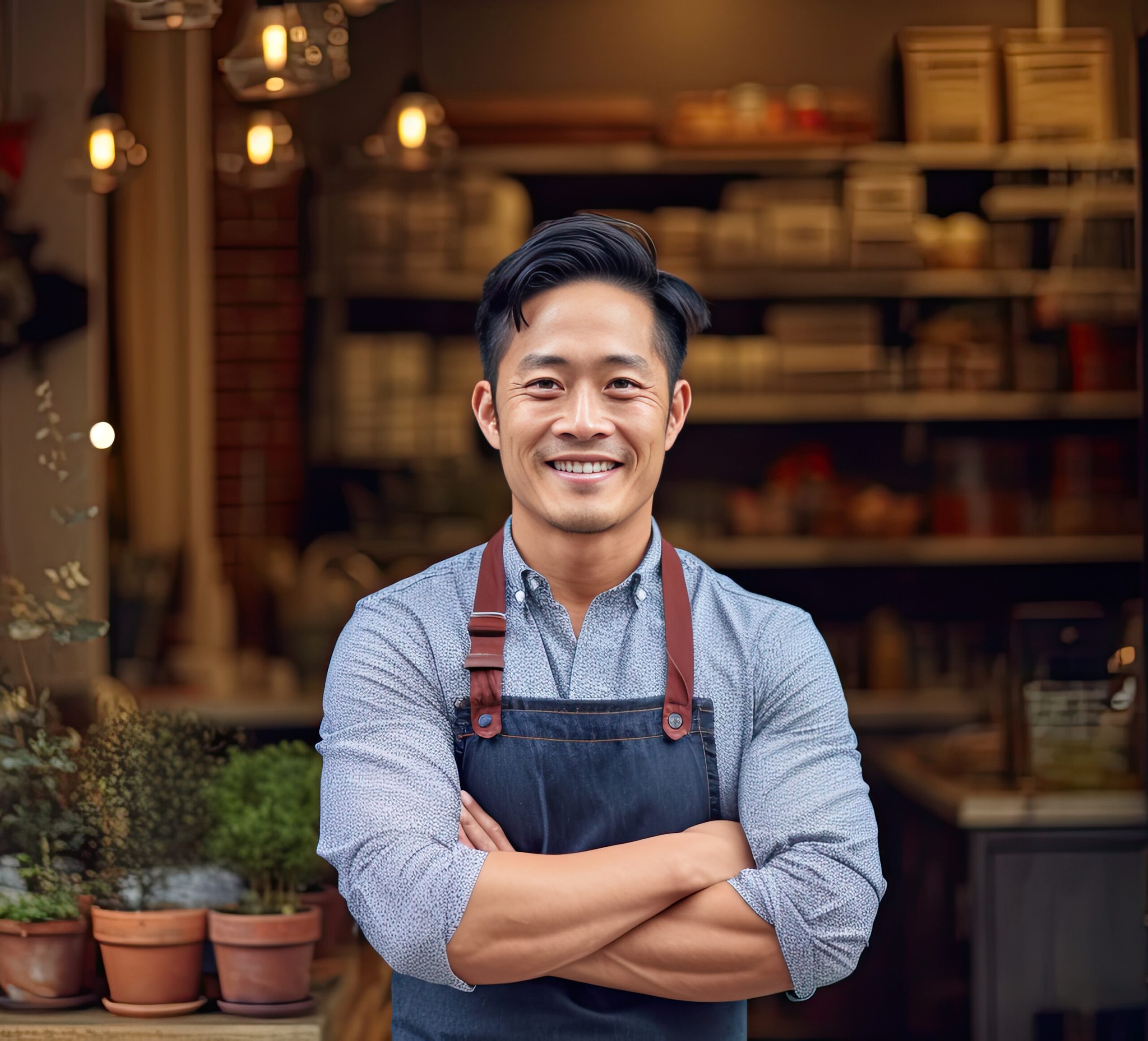 young asian man standing with crossed arms infront of small business