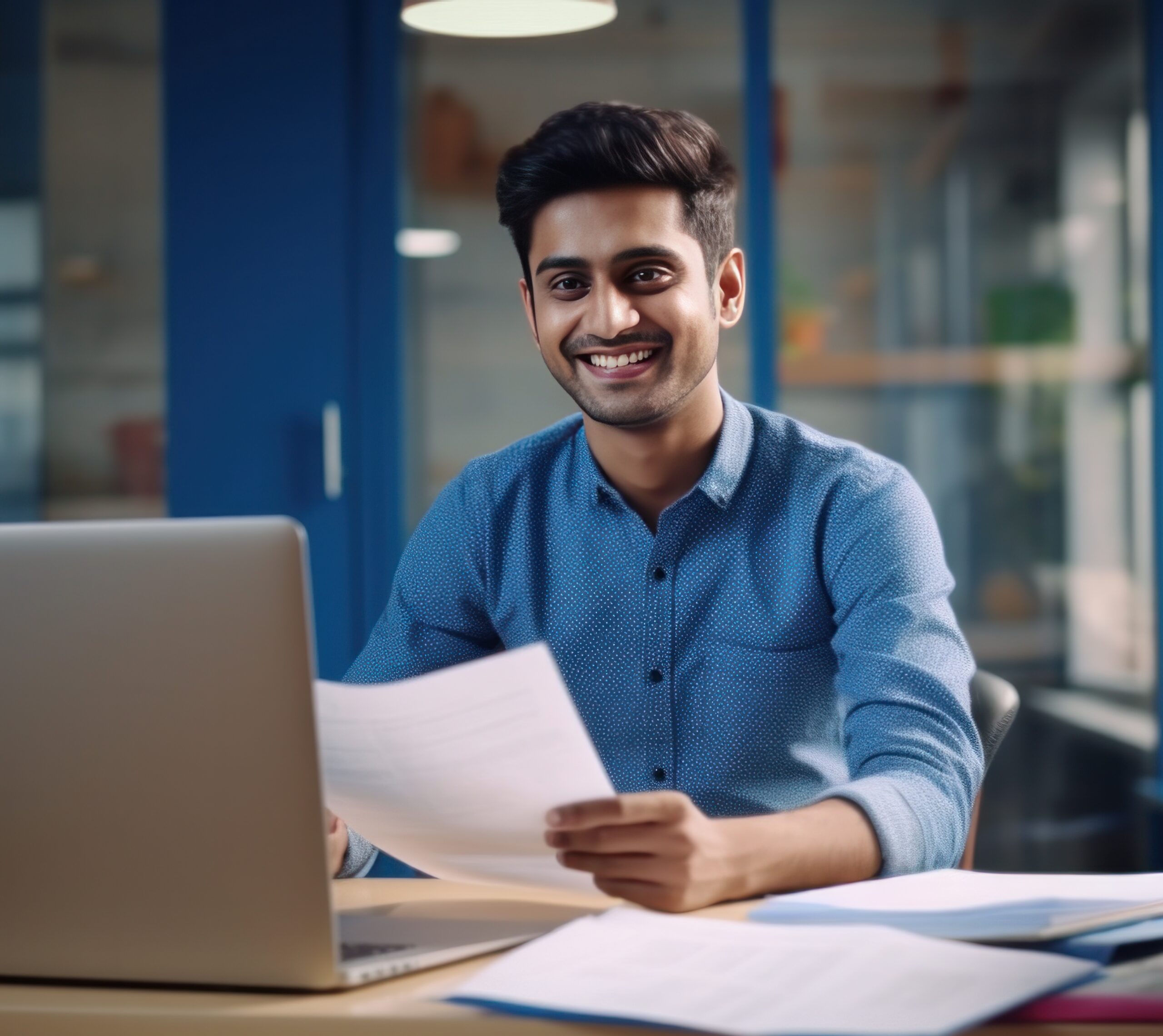 young indian man working on a laptop and holding documents
