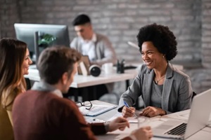 Maryland couple in the bank with loan officer