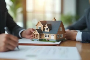banker present house model with client before tenant sign adjustable rate mortgage for Maryland rental purchase buyer home landlord