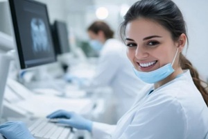 dentist intern working on a computer system