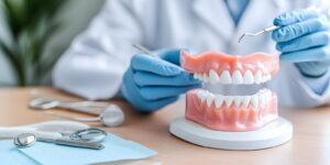 Maryland dentist demonstrates full set of dentures on dental model, showcasing dental tools