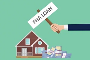 loan fha illustration with hand holding a poster house and cash money stack