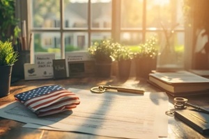 desk with a folded American flag, a brass key, and a VA loan agreement