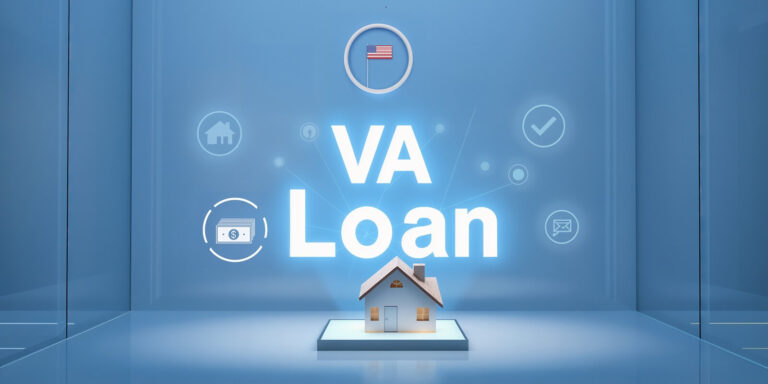 modern va loan header and banner with glowing typography and American flag icon